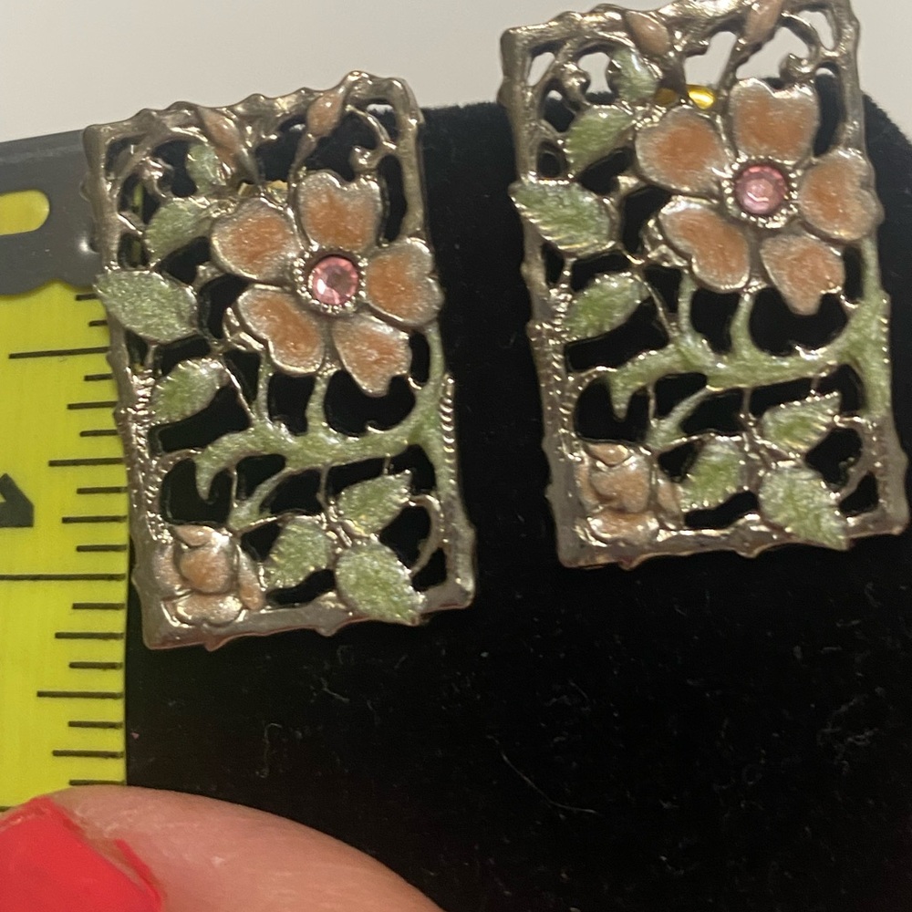 Floral Enamel Rectangle Drop Earrings - Pink and Green